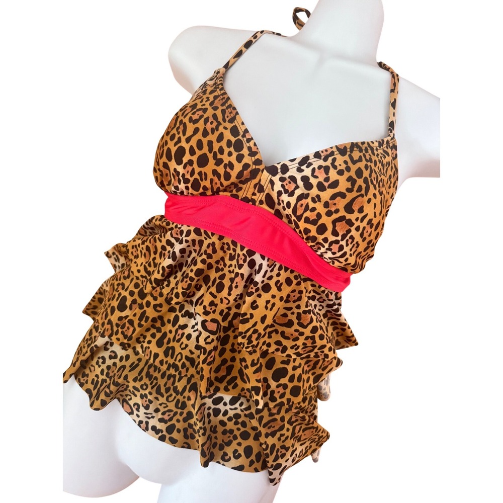 Y2K 2000s Catalina Leopard Print Tiered Ruffle Tankini Top Pink Trim